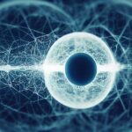 Rappresentazione astratta di reti neurali e circuiti digitali in tonalita blu