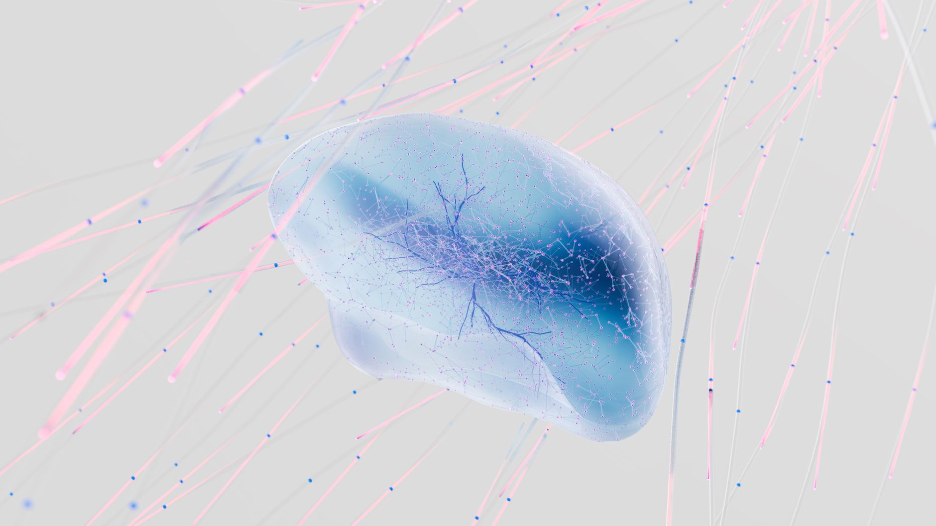 Rendering 3D di una rete neurale con connessioni astratte tra neuroni in colori tenui, che evoca l'idea di architettura cognitiva e colonizzazione algoritmica