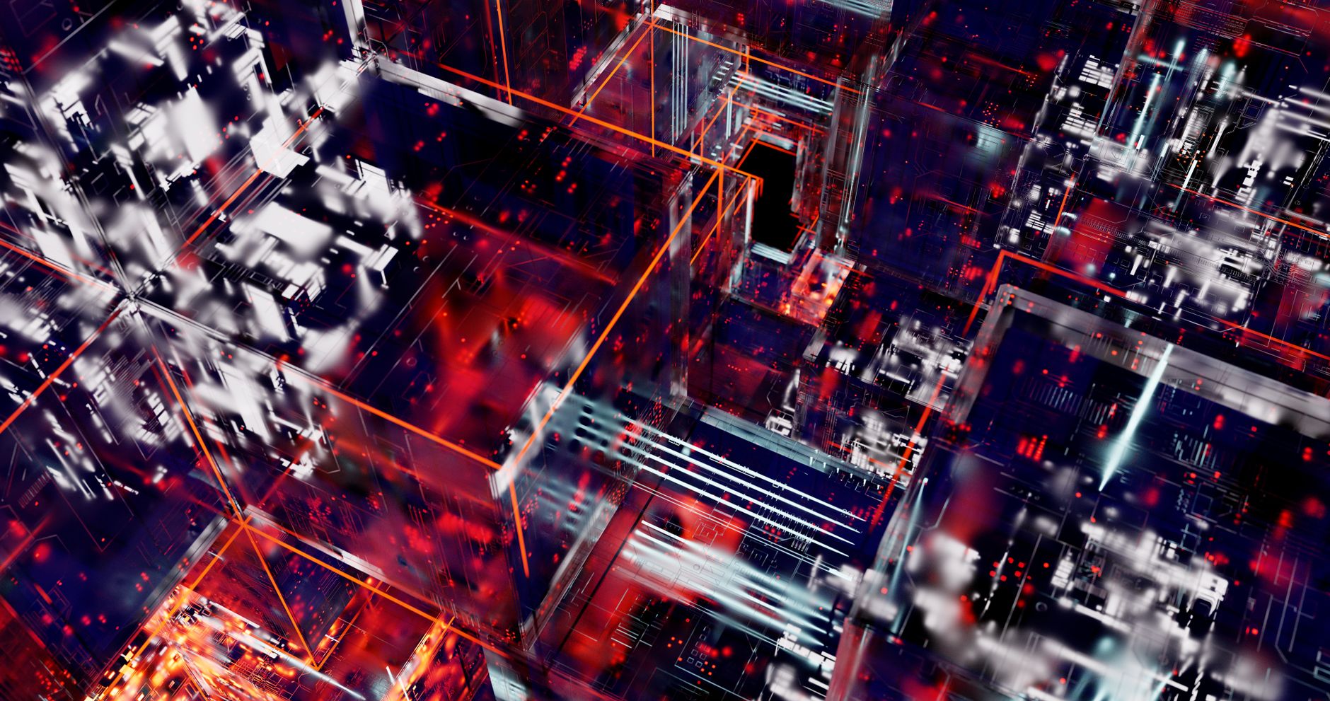 Rendering astratto di circuiti digitali con linee luminose blu e viola su sfondo scuro
