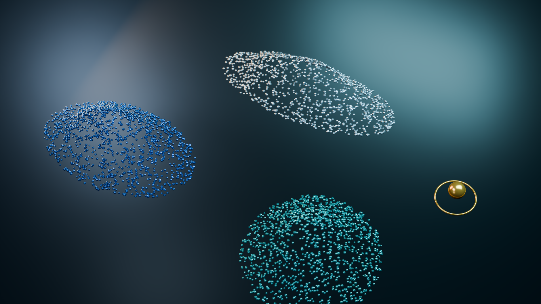 Rendering 3D astratto di particelle e sfere dinamiche in stile futuristico, con toni arancio